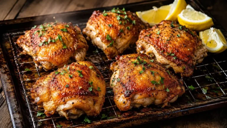 Crispy baked chicken thighs with olive oil, garlic, paprika, and herbs, oven-roasted until golden brown and served with parsley and lemon wedges.