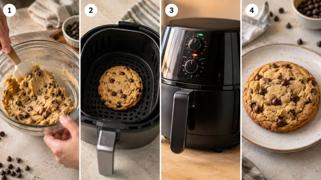 Four-panel horizontal collage showing the process of making a chocolate chip cookie in an air fryer: mixing cookie dough in a glass bowl, placing dough into an air fryer basket, air fryer cooking the cookie, and a finished golden-brown chocolate chip cookie served on a plate.