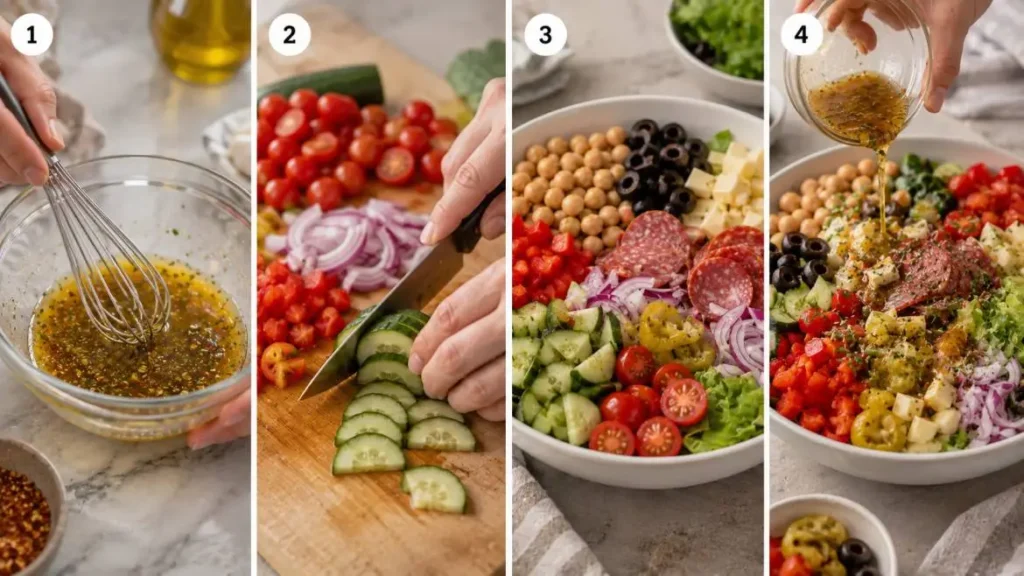 Four-panel horizontal collage showing the preparation of an antipasto salad: whisking a vinaigrette dressing in a bowl, chopping fresh vegetables on a cutting board, arranging salad ingredients in organized sections in a large bowl, and drizzling dressing over the finished salad before serving.