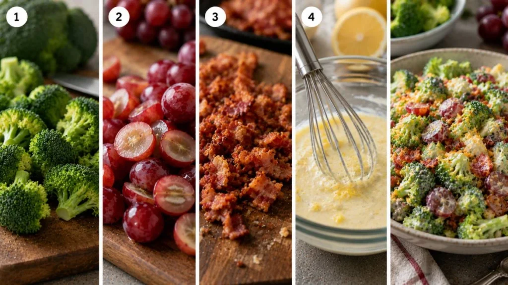 Four-panel horizontal collage showing the preparation of a broccoli grape salad: fresh broccoli florets, halved red grapes, crispy chopped bacon, creamy lemon dressing being whisked in a bowl, and the finished salad tossed together and ready to serve.