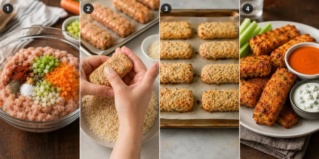 Wide horizontal collage showing four cooking stages for buffalo chicken bars: mixing ground chicken with chopped vegetables and spices in a bowl, shaping and coating chicken bars in panko and parmesan crumbs, baking the coated bars on a sheet pan until golden brown, and serving the finished chicken bars with buffalo sauce, blue cheese dressing, and celery sticks.