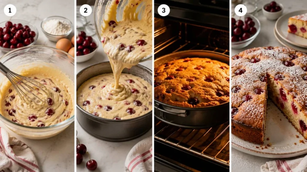 Four-panel horizontal collage showing the preparation of a cherry cake: mixing cherry-studded batter in a bowl, pouring the batter into a cake pan, baking the cake in the oven until golden, and serving the finished cherry cake with a slice removed.