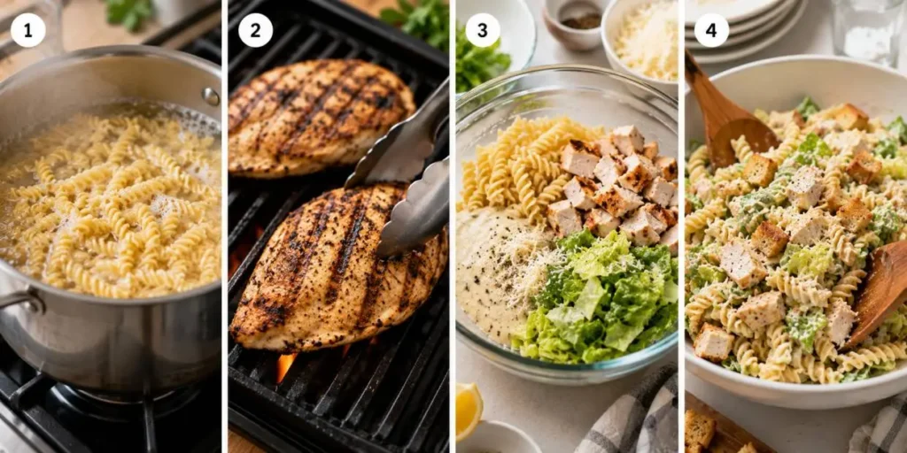 Four-panel horizontal collage showing the preparation of Chicken Caesar Pasta Salad: boiling pasta in a pot, grilling chicken breasts, combining pasta, chicken, lettuce, dressing, and cheese in a mixing bowl, and serving the finished salad in a bright serving bowl.