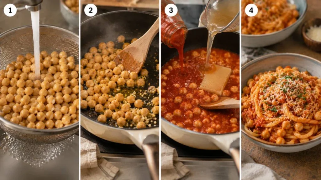 Four-panel horizontal collage showing the preparation of chickpea pasta: draining chickpeas in a colander, sautéing chickpeas with garlic and olive oil in a skillet, adding marinara sauce and chickpea broth with a Parmesan rind, and serving finished pasta topped with grated Parmesan and fresh herbs.
