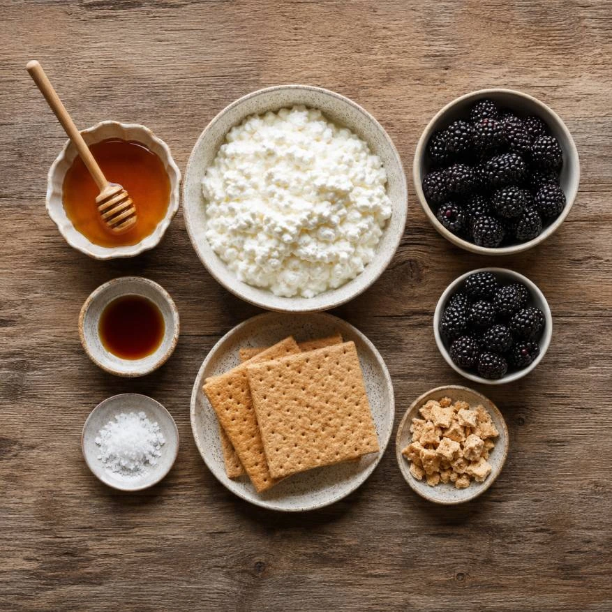 Overhead flat lay of cottage cheese ice cream ingredients including full-fat cottage cheese, honey, vanilla extract, fresh blackberries, graham crackers, and flaky sea salt arranged on a rustic wooden table with ceramic bowls and elegant food styling.