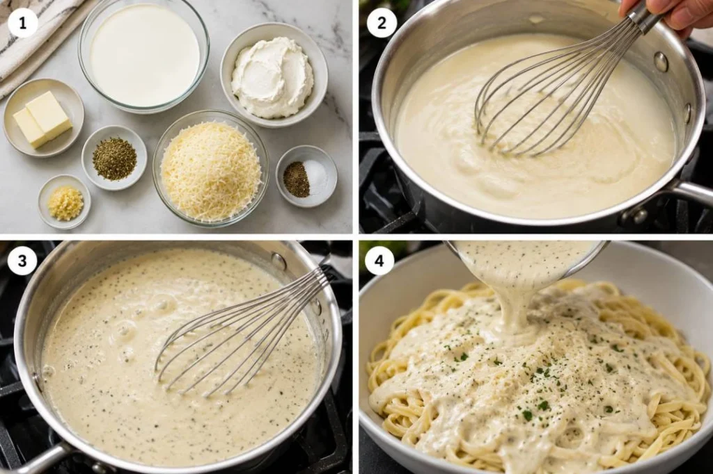 Four-panel horizontal collage showing the preparation of a creamy garlic Parmesan sauce: dairy ingredients and seasonings arranged for cooking, butter and cream cheese being whisked with cream in a saucepan, the sauce simmering and thickening with herbs and Parmesan, and the finished sauce poured over hot pasta.