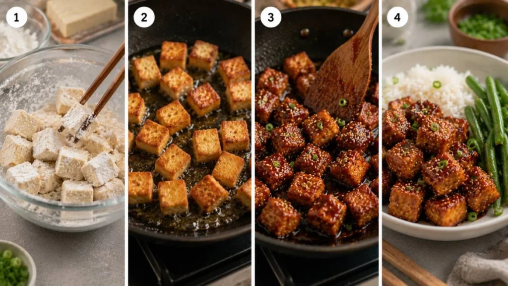 Four-panel horizontal collage showing the preparation of crispy sticky tofu: coating tofu cubes, frying them until golden and crisp, tossing the tofu in a glossy sauce, and serving the finished dish with rice and green beans.