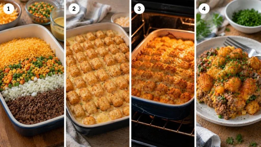 Four-panel horizontal collage showing the preparation of Farmer’s Casserole: layering casserole ingredients in a baking dish, adding the egg mixture and topping layer, baking until golden and bubbly in the oven, and serving a plated portion garnished with fresh herbs.