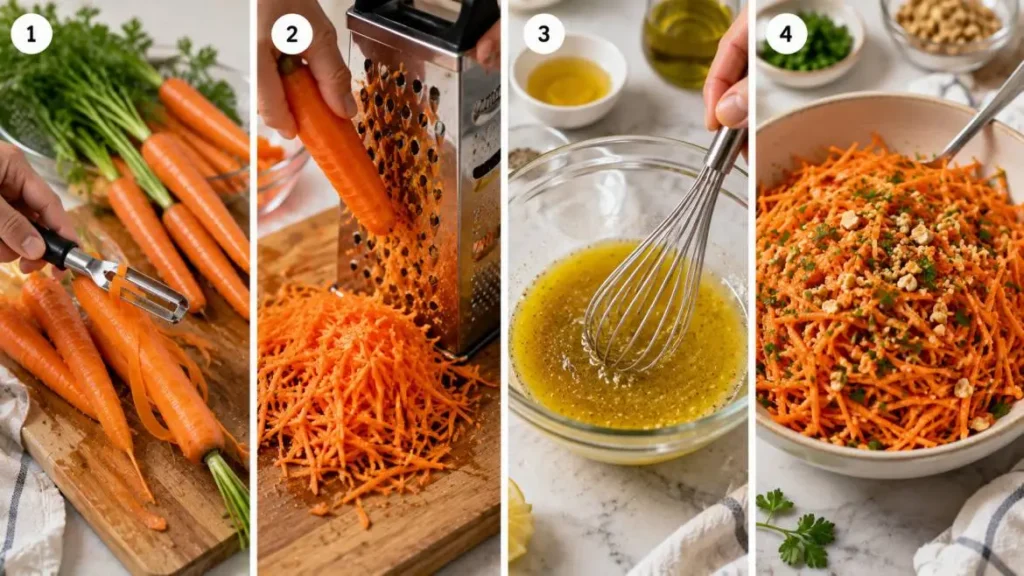 Four-panel horizontal collage showing carrot salad preparation: peeling fresh carrots, grating carrots into fine shreds, whisking a homemade dressing in a bowl, and serving the finished carrot salad garnished with herbs and chopped nuts.