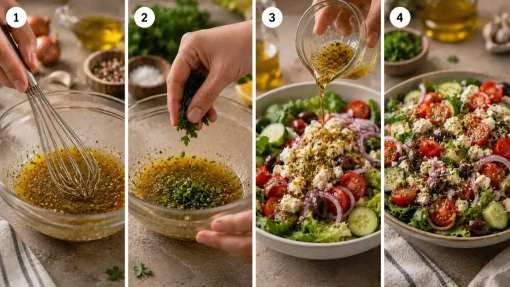 Four-panel horizontal collage showing salad preparation: whisking vinaigrette ingredients in a bowl, adding fresh chopped herbs to the dressing, drizzling the vinaigrette over a mixed salad, and presenting the finished salad in a serving bowl.