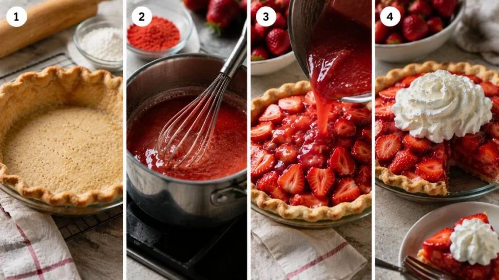 Four-panel horizontal collage showing the preparation of a fresh strawberry pie: baking a flaky pie crust, whisking a strawberry glaze made with cornstarch and gelatin mixture in a saucepan, pouring the glaze over sliced fresh strawberries in the pie shell, and serving the chilled pie topped with whipped cream.