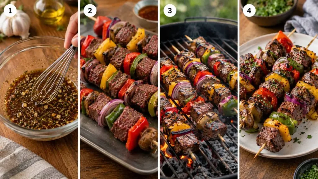 Four-panel horizontal collage showing the preparation of grilled steak and vegetable kabobs: mixing a marinade in a bowl, threading steak and colorful vegetables onto skewers, grilling the kabobs on an outdoor barbecue, and serving the finished skewers on a plate.