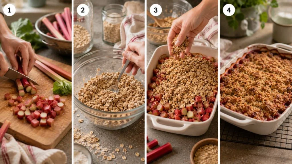 Four-panel horizontal collage showing the preparation of rhubarb crisp: chopping fresh rhubarb on a cutting board, mixing an oat crumble topping in a bowl, assembling the rhubarb and topping in a baking dish, and a golden-brown baked rhubarb crisp cooling on a wire rack.