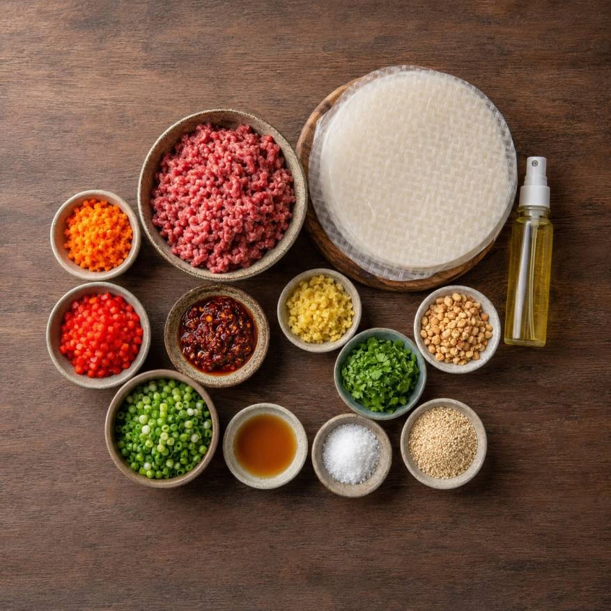 Top-down view of raw ingredients for air fryer chili crunch rolls, including ground beef, minced carrot, red bell pepper, garlic, ginger, cilantro, peanuts, green onions, sesame oil, sea salt, sesame seeds, round rice paper wrappers, chili crisp, and avocado oil spray.