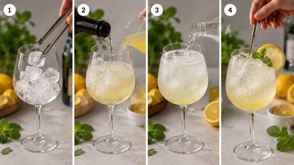 Four-panel horizontal collage showing the preparation of a Limoncello Prosecco Spritz: filling a wine glass with ice, pouring prosecco and limoncello into the glass, adding club soda, and finishing the drink with gentle stirring, mint leaves, and a lemon wheel garnish.