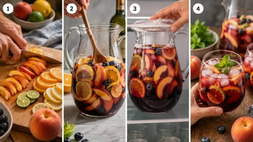Four-panel horizontal collage showing the preparation of peach citrus sangria: slicing peaches and citrus fruits, mixing the fruit and liquid ingredients in a pitcher, chilling the sangria overnight in a refrigerator, and serving the finished drink over ice with fresh mint garnish.