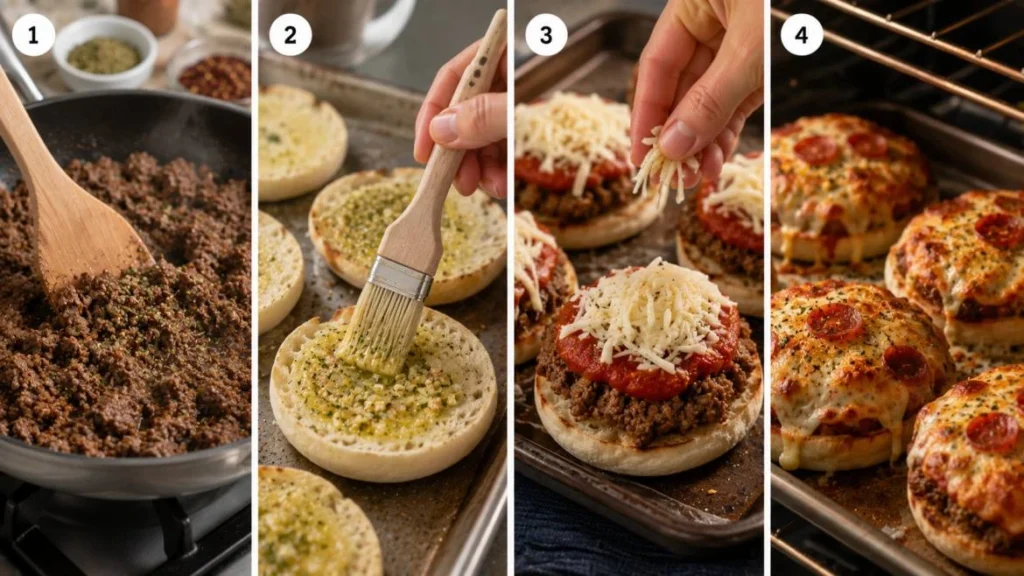 Four-panel horizontal collage showing the preparation of pizza burgers: browning seasoned ground meat in a skillet, brushing split English muffins with garlic butter, assembling the muffins with meat, marinara sauce, and shredded cheese, and baking until the cheese is melted and golden.