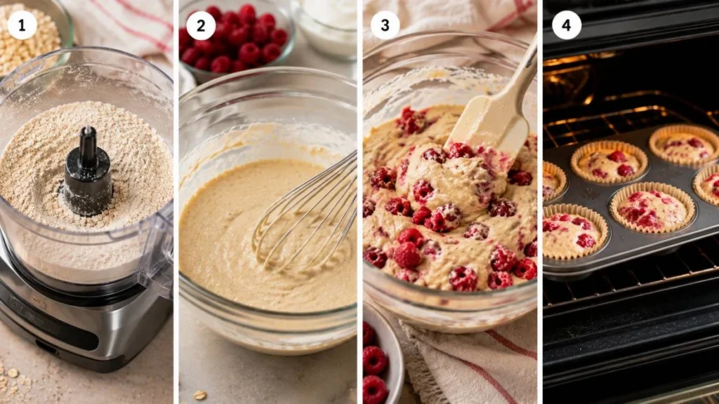 Four-panel horizontal collage showing the preparation of raspberry oat muffins: blending oats into flour in a food processor, mixing wet and dry ingredients into a batter, folding fresh raspberries into the mixture, and placing filled muffin tins into the oven for baking.