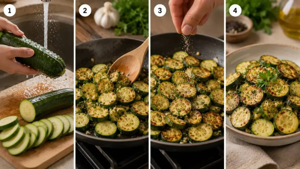 Four-panel horizontal collage showing the preparation of an antipasto salad: whisking a vinaigrette dressing in a bowl, chopping fresh vegetables on a cutting board, arranging salad ingredients in organized sections in a large bowl, and drizzling dressing over the finished salad before serving.