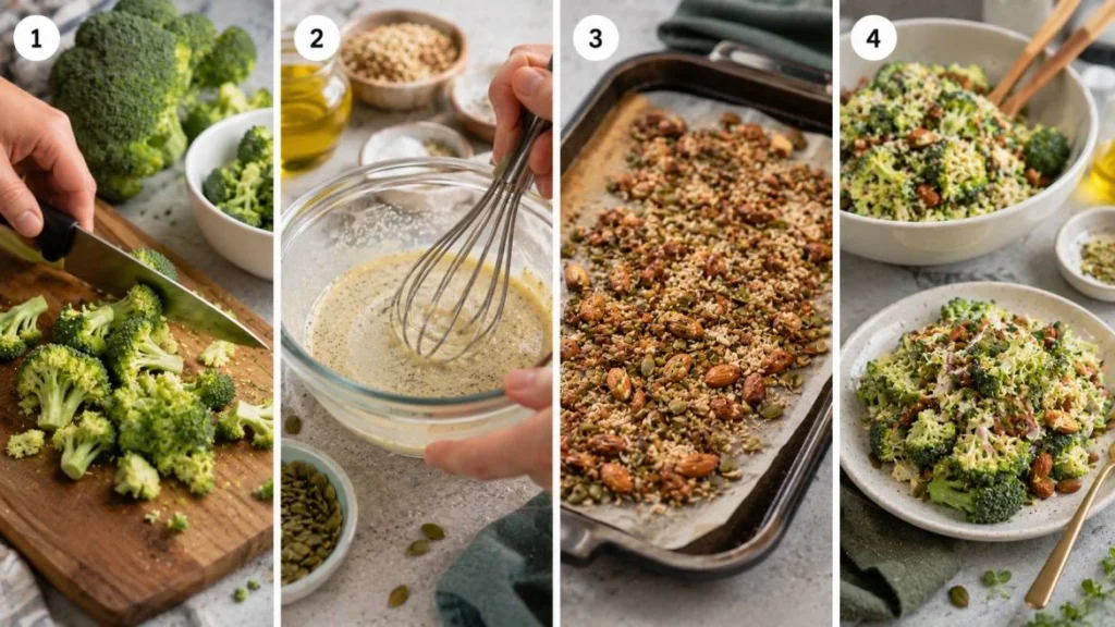 Four-panel horizontal collage showing the preparation of a vegan keto broccoli salad: chopping fresh broccoli florets, whisking a creamy dressing in a bowl, baking mixed nuts and seeds on a tray, and serving the finished salad topped with roasted nuts and seeds.
