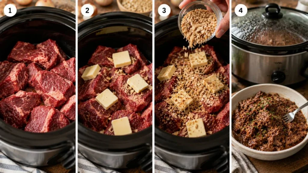 Four-panel horizontal collage showing the preparation of slow cooker butter beef: raw chuck roast pieces placed in a slow cooker, butter pats added on top, onion soup mix sprinkled over the beef, and the finished shredded butter beef served in a bowl after slow cooking.