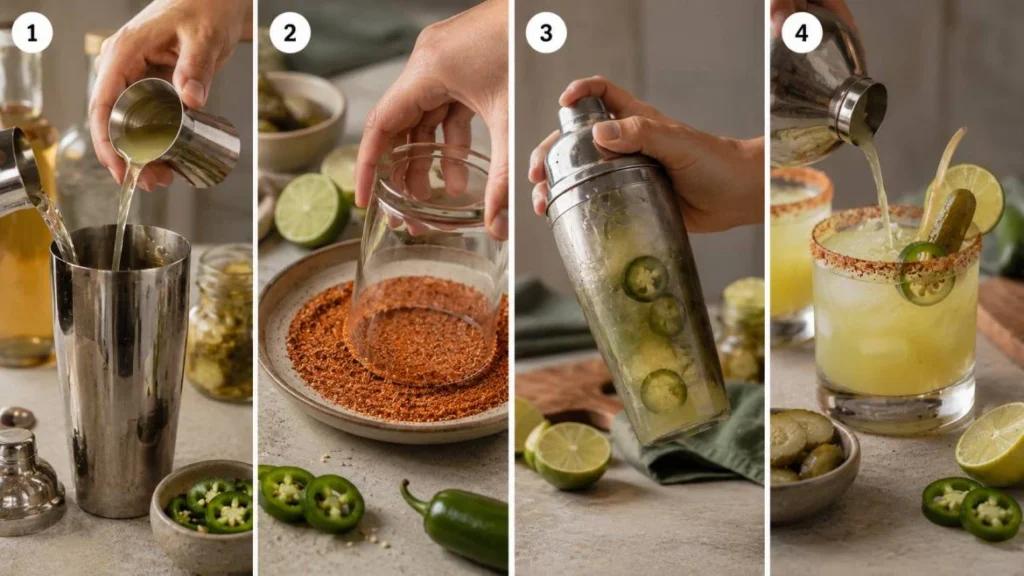 Four-panel horizontal collage showing the preparation of a Spicy Pickle Margarita: mixing tequila and pickle juice in a cocktail shaker, coating a glass rim with spicy seasoning, shaking a cocktail with jalapeño slices, and pouring the finished margarita into a glass garnished with lime and pickles.