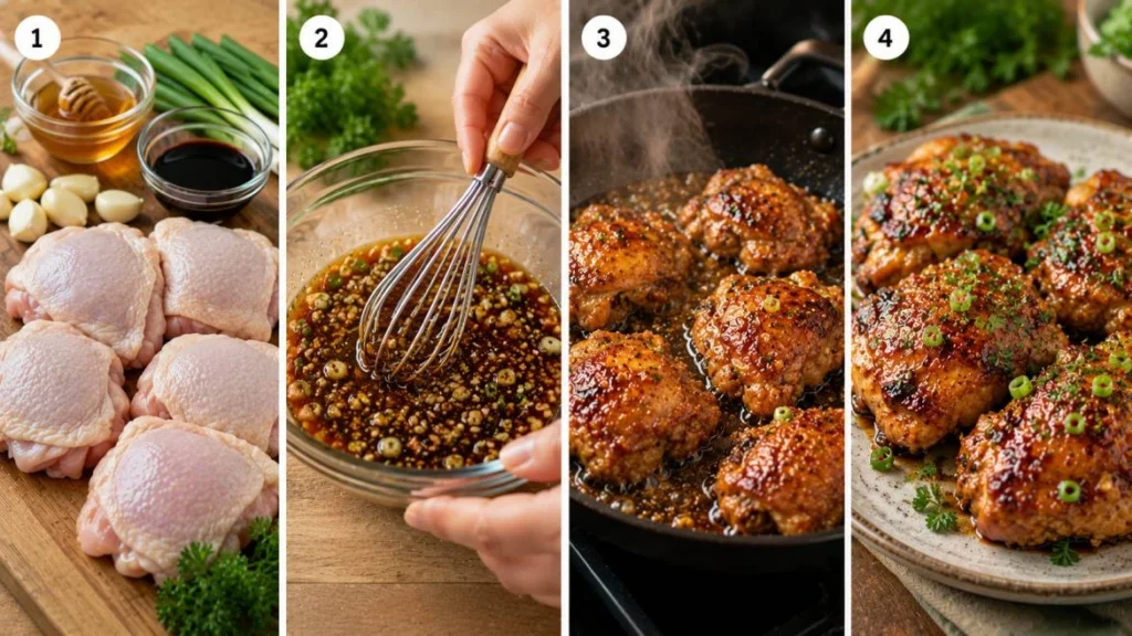 Four-panel horizontal collage showing the preparation of sticky honey garlic chicken thighs: raw chicken thighs and ingredients arranged on a cutting board, honey garlic sauce being whisked in a bowl, chicken thighs cooking in a skillet with glossy sauce, and the finished glazed chicken garnished with parsley and green onions on a serving plate.