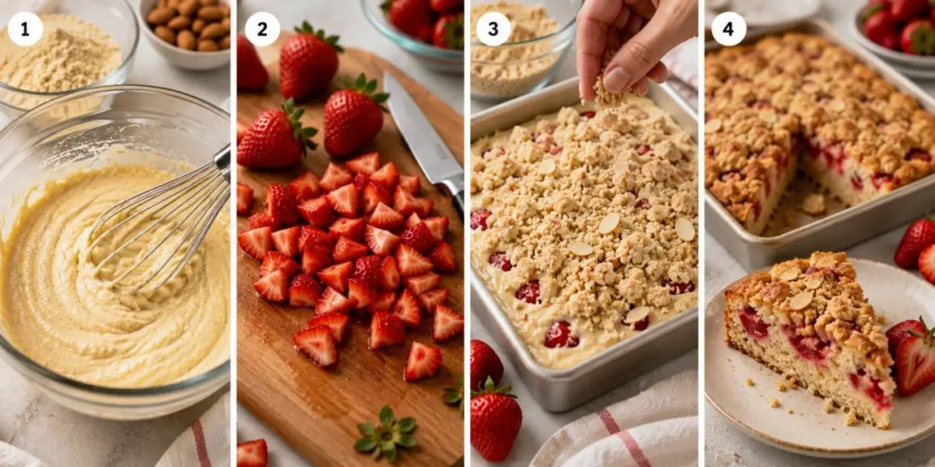 Four-panel horizontal collage showing the preparation of a strawberry almond flour crumb cake: mixing almond flour batter in a bowl, chopping fresh strawberries on a cutting board, preparing a crumb topping and assembling the cake before baking, and serving a sliced piece of the finished cake on a plate.