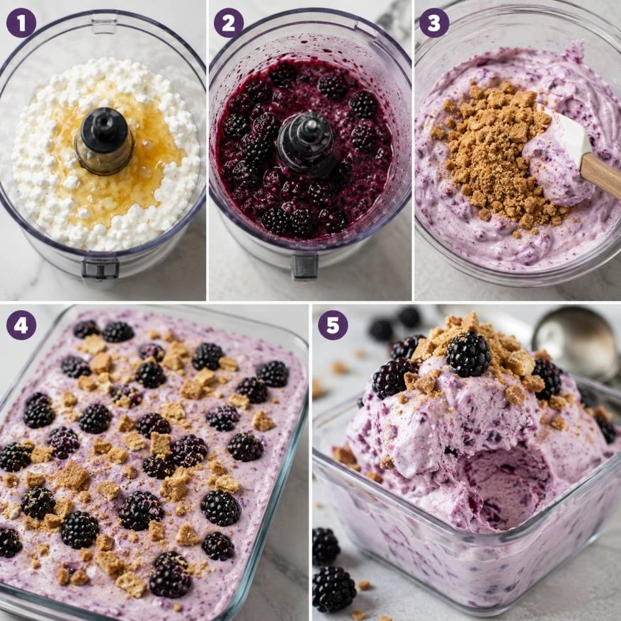 Step-by-step collage showing cottage cheese ice cream preparation by blending cottage cheese and honey, pulsing blackberries, mixing graham crackers, adding toppings, and serving the finished ice cream.